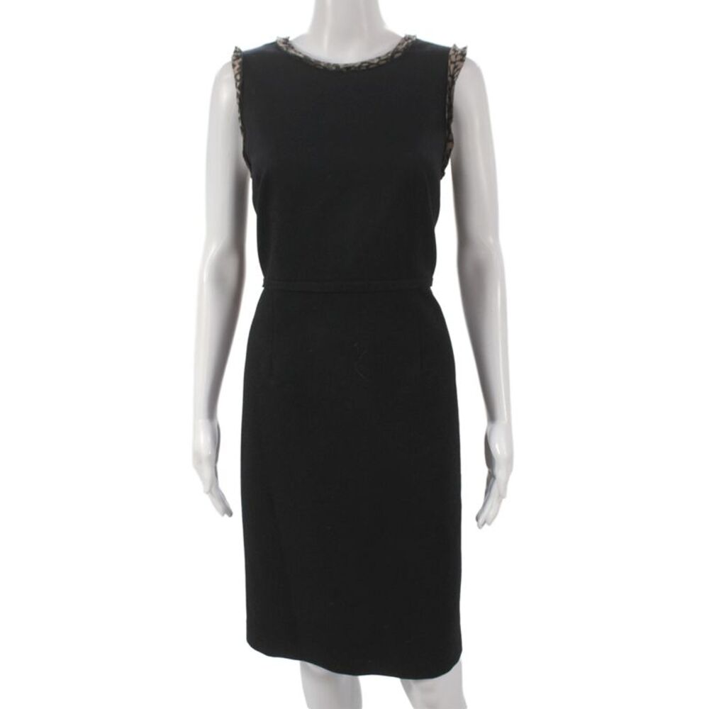 Paule Ka Women Sheath Dress Sleeveless Mid Calf Black Animal Print Wool Size 40